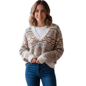 Warm & Cozy V-neck sweater Women's Multicolor Patterned Size Medium